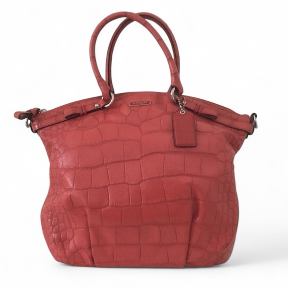 Coach Handbags - COACH Madison Crocodile Embossed
Lindsey Satchel Coral Leather